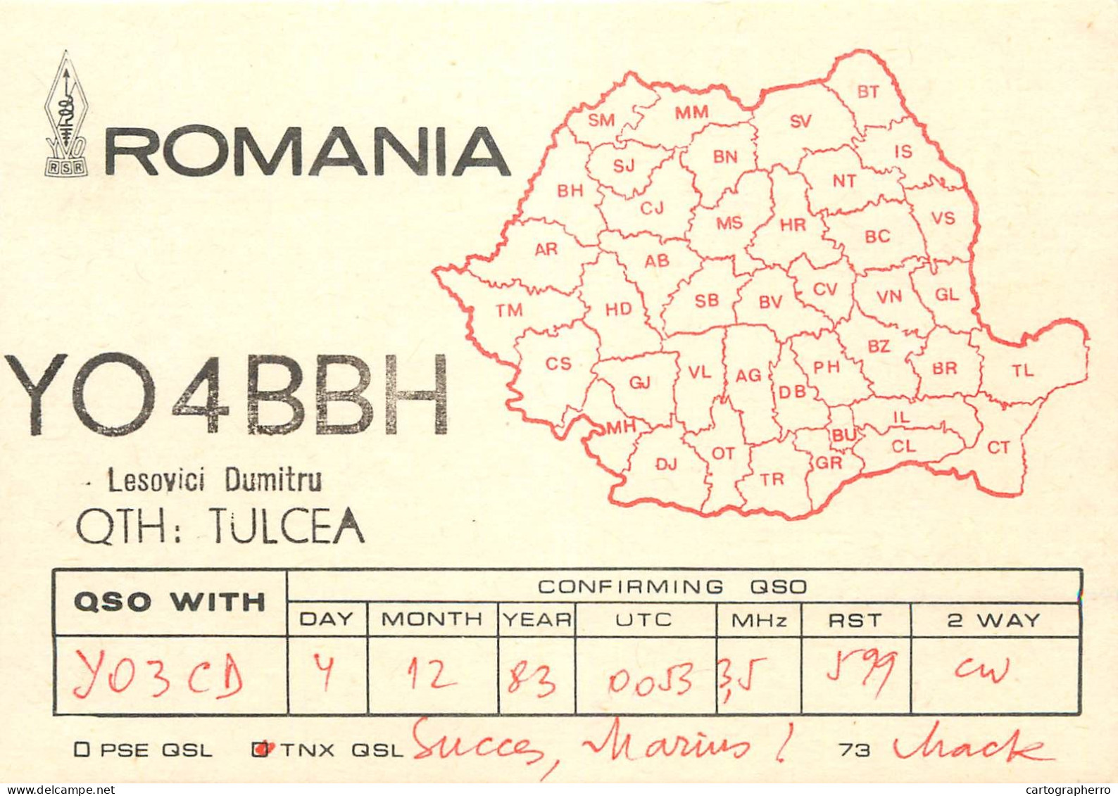 QSL Card ROMANIA Radio Amateur Station YO4BBH 1983 Marius - Radio Amatoriale