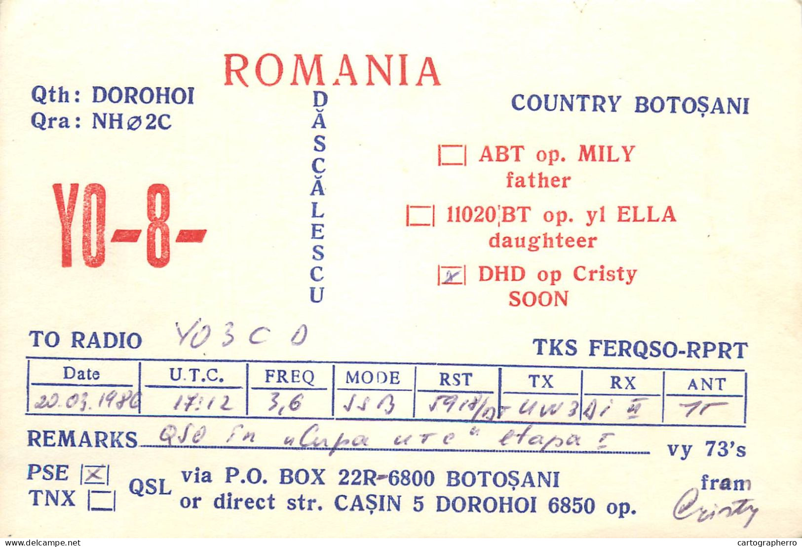 QSL Card ROMANIA Radio Amateur Station YO8DHD 1986 Cristy - Radio Amatoriale