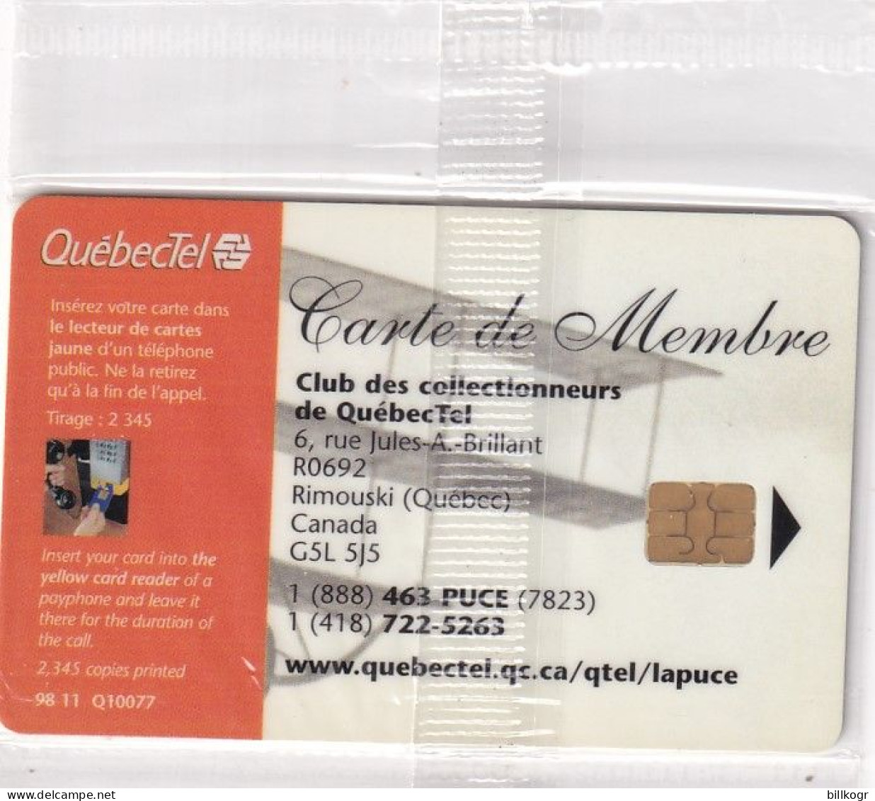 CANADA(chip) - Airplane, Club De Collectionneurs De QuebecTel, Tirage 2345, 11/98, Mint - Canada
