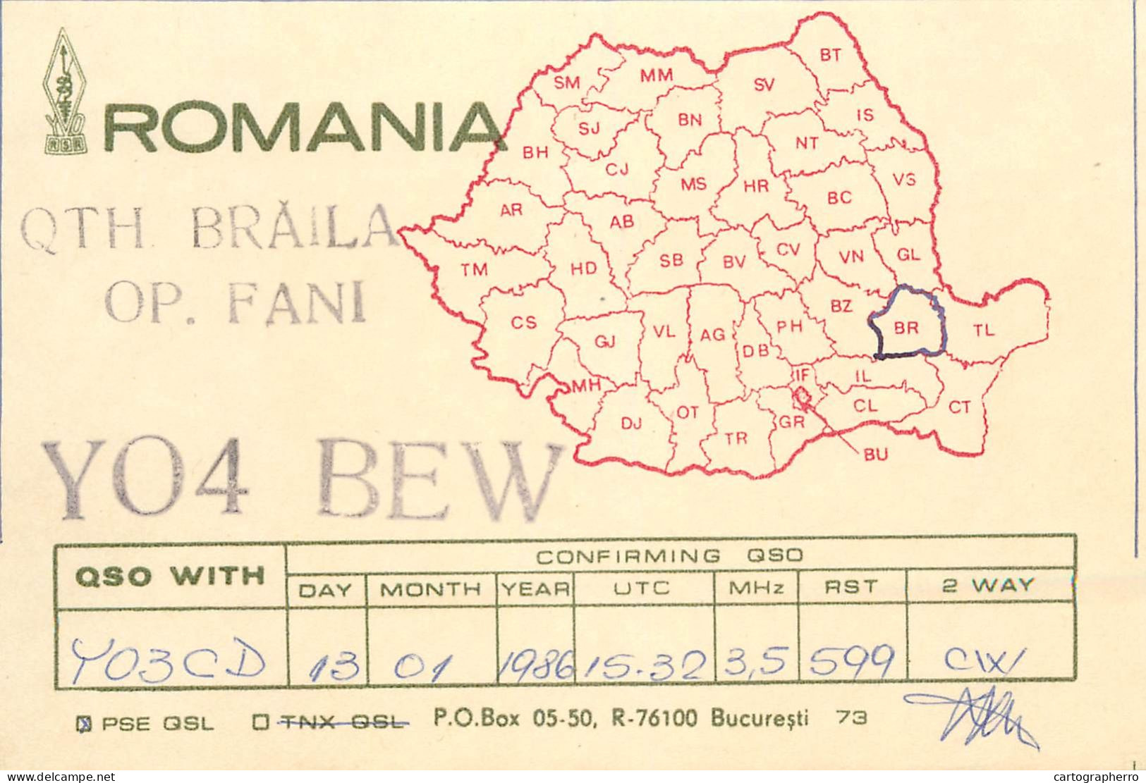 QSL Card ROMANIA Radio Amateur Station YO4BEW 1986 Fani - Radio Amatoriale