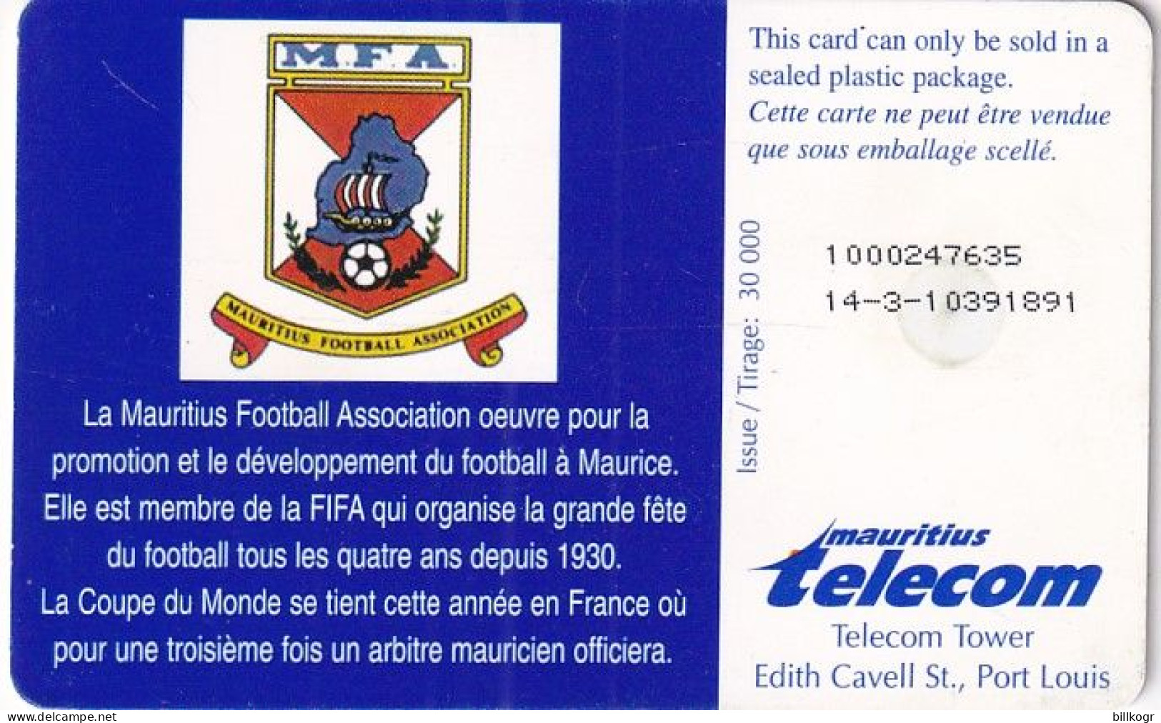 MAURITIUS ISL. - Football, World Cup "98, Tirage 30000, Used - Mauricio