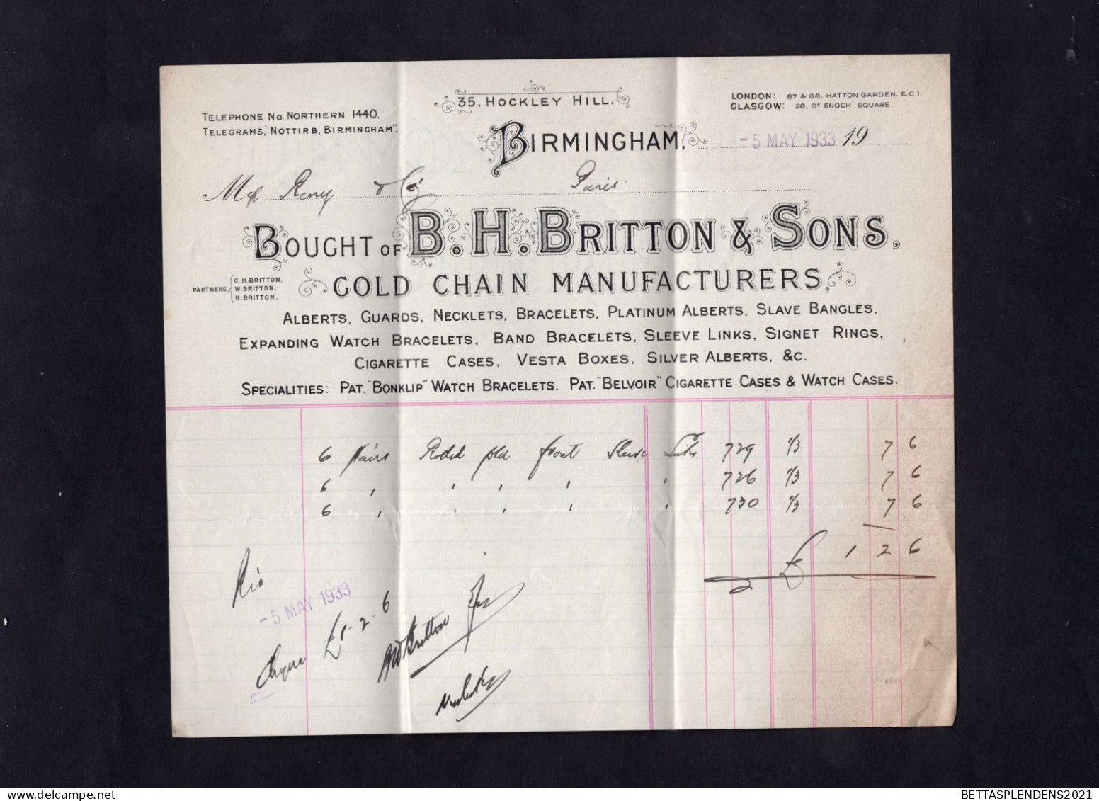 BIRMINGHAM - Facture 1933 - Bought Of B.H. BRITTON & SONS - Gold Chain Manufacturers - Reino Unido