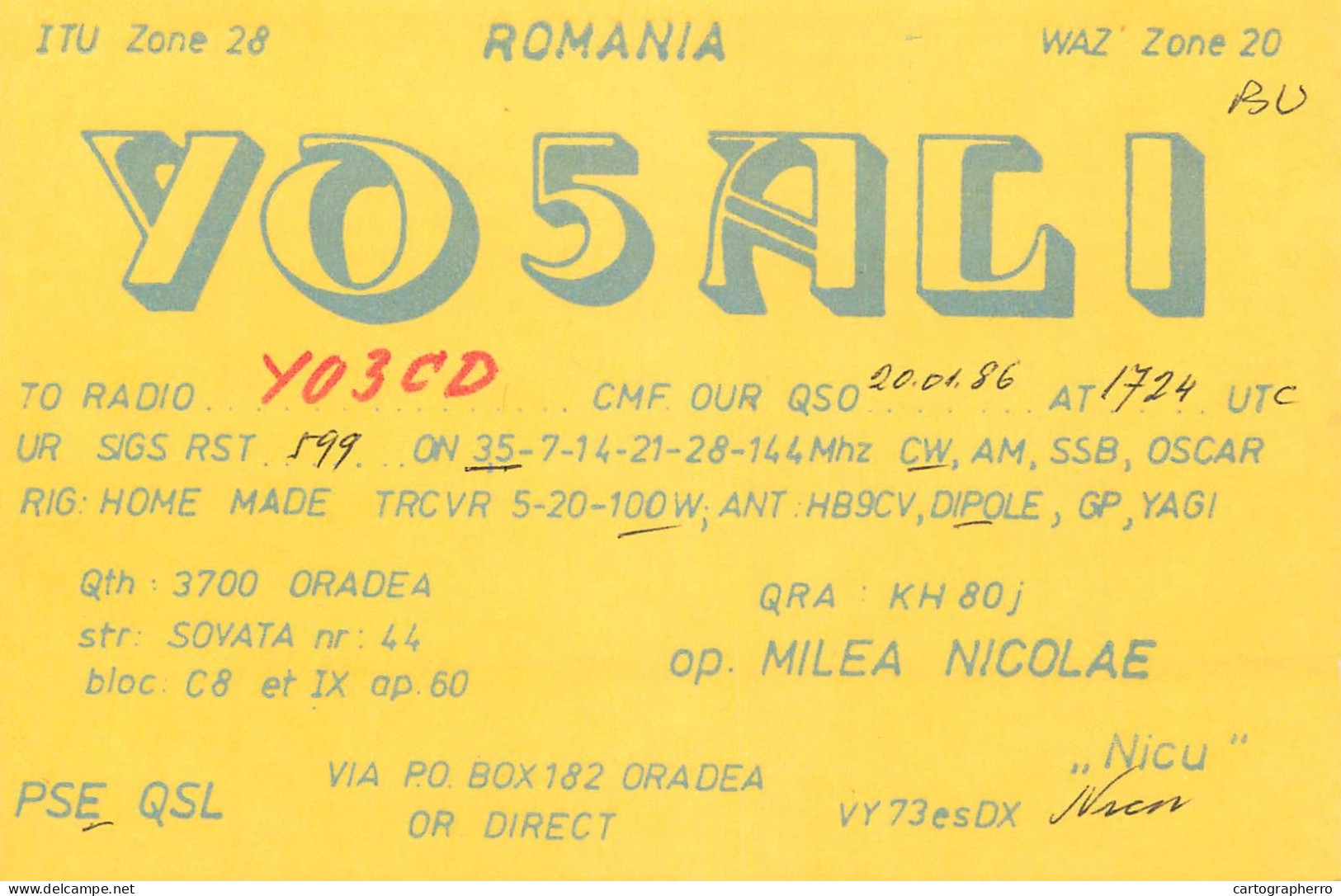 QSL Card ROMANIA Radio Amateur Station YO5ALI 1986 Nicu - Radio Amatoriale