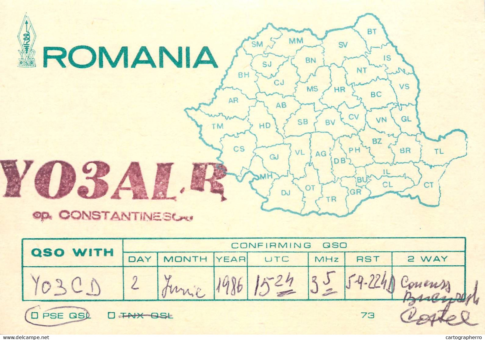 QSL Card ROMANIA Radio Amateur Station YO3ALR Constantinescu 1986 - Radio Amatoriale