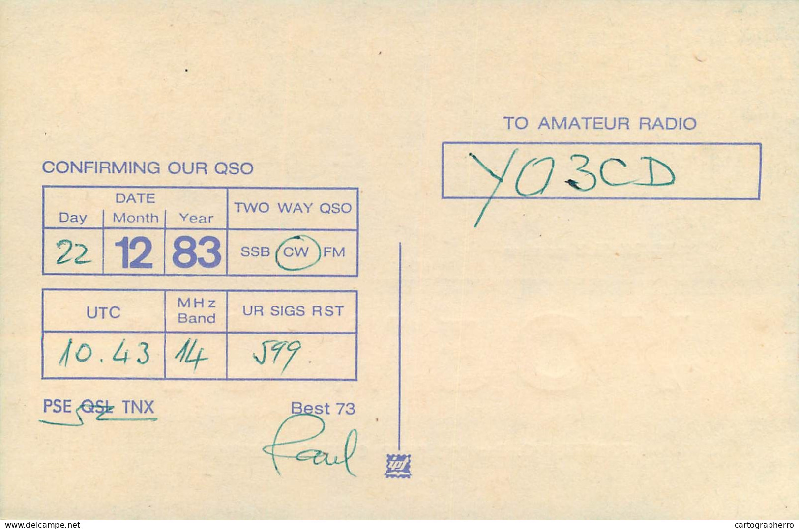 QSL Card ROMANIA Radio Amateur Station YO5WCY 1983 - Radio Amatoriale