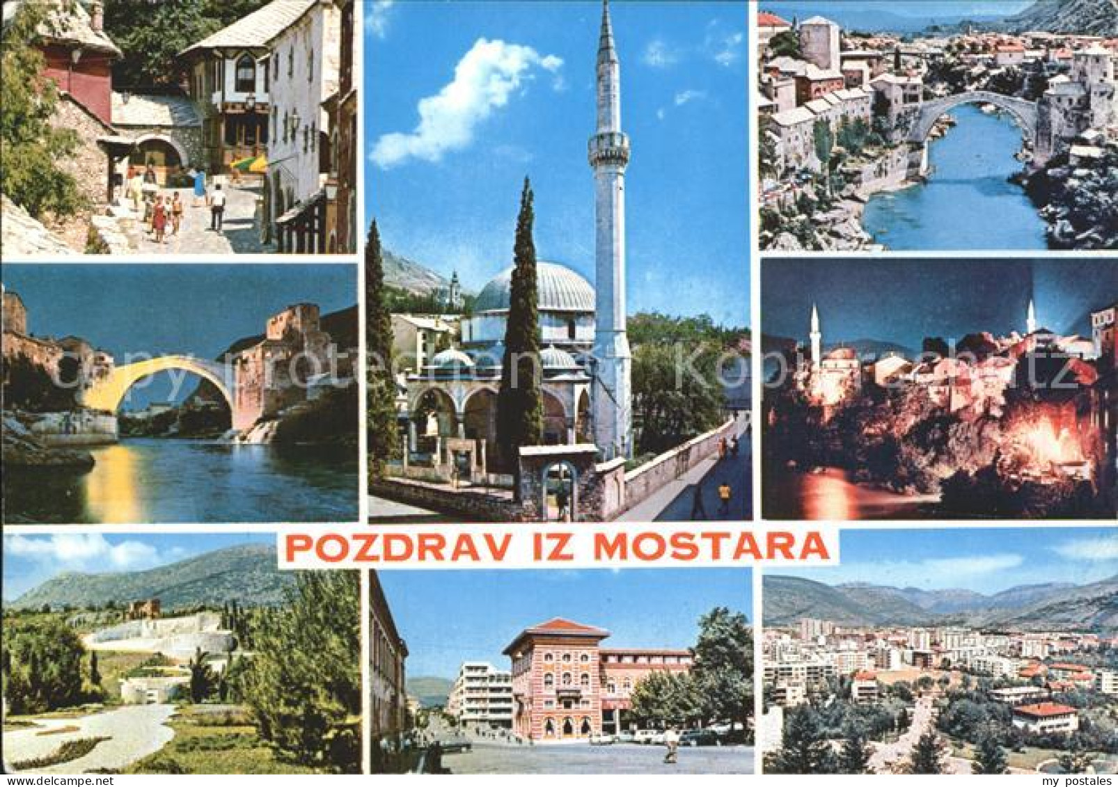 72247591 Mostar Moctap Stadtmotive Bruecke Minarett Totalansicht Mostar - Bosnie-Herzegovine