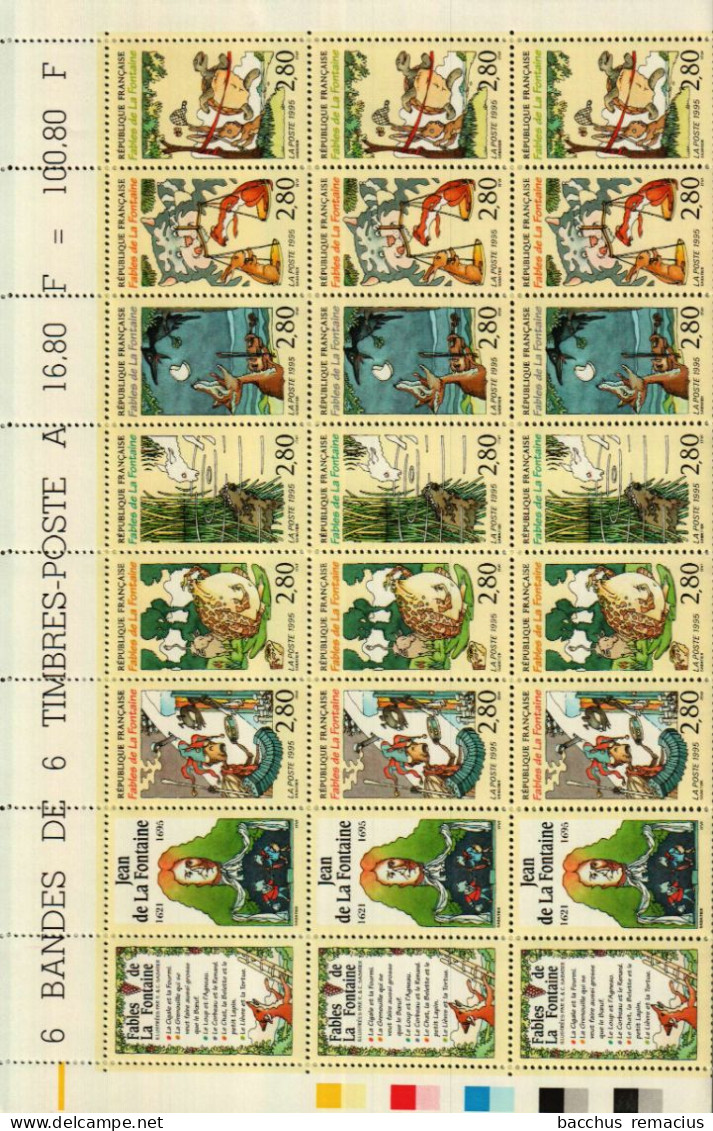 FRANCE Feuille Entière 6 Bandes Timbres-Poste à 16.80 FRF = 100.80 FRF Fables De La Fontaine (1621-1695)300.Anniver.1995 - Ungebraucht