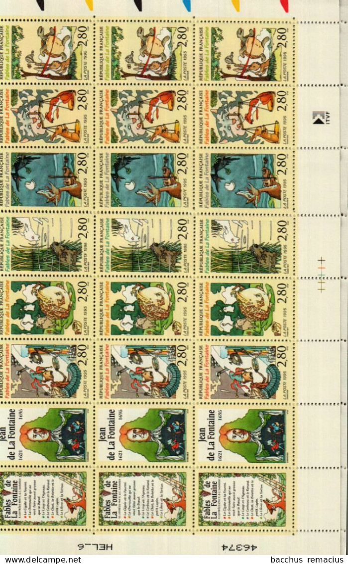 FRANCE Feuille Entière 6 Bandes Timbres-Poste à 16.80 FRF = 100.80 FRF Fables De La Fontaine (1621-1695)300.Anniver.1995 - Ungebraucht