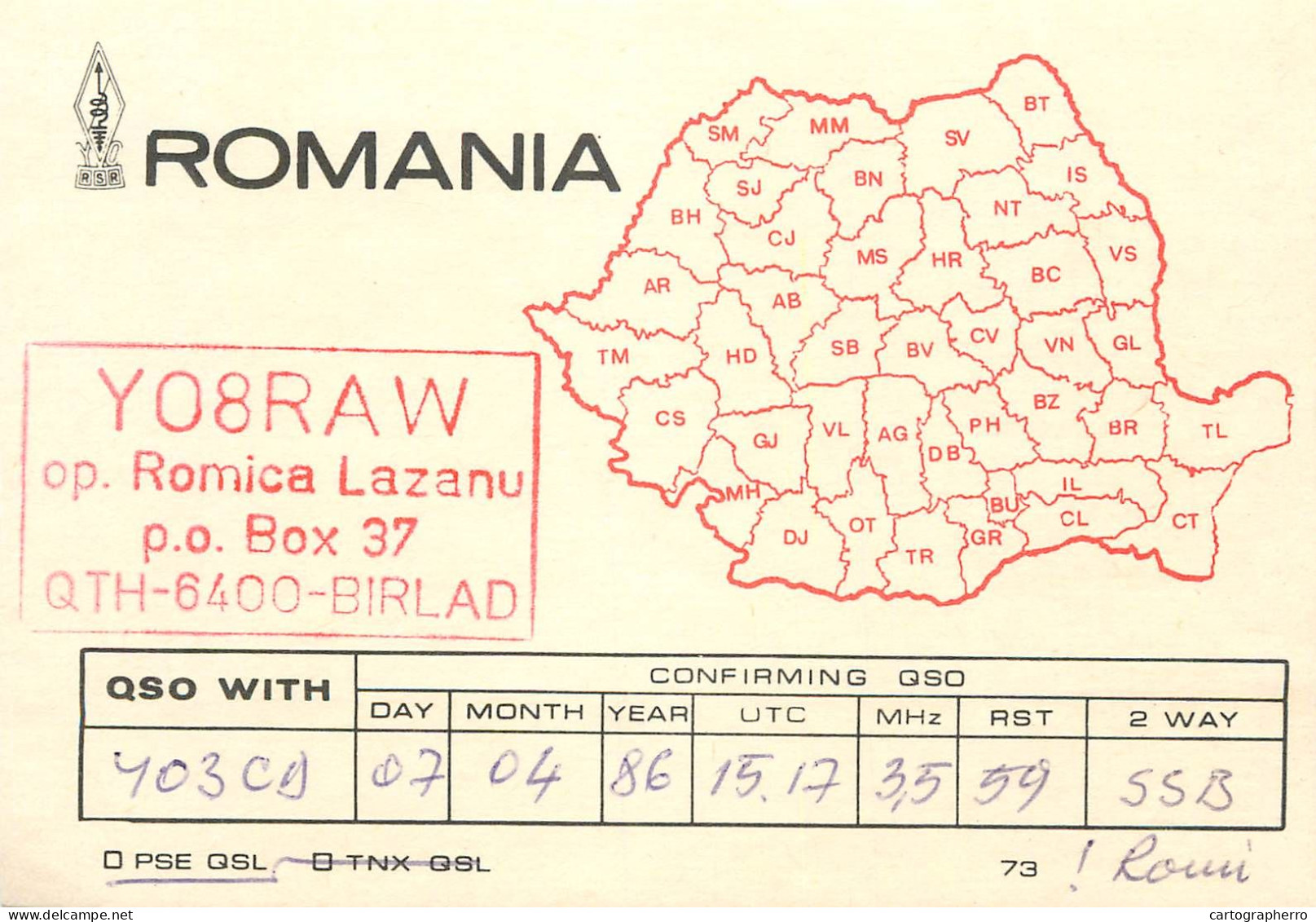 QSL Card ROMANIA Radio Amateur Station YO8RAW Romica Lazanu 1986 - Radio Amatoriale