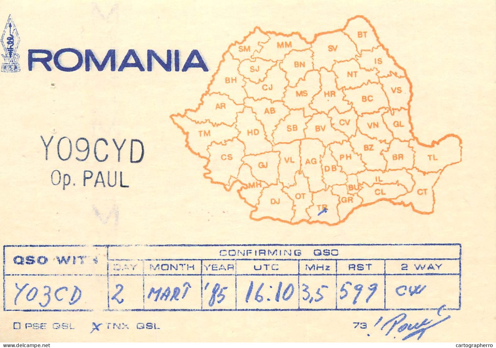 QSL Card ROMANIA Radio Amateur Station YO9CYD 1985 - Radio Amatoriale