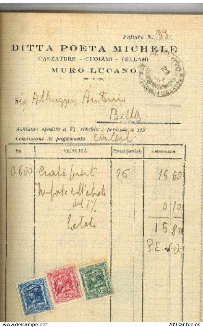 X1657) MURO LUCANO POTENZA / BELLA  N.1 FATTURA CON BOLLI  TASSA DI SCAMBIO  IMPOSTA ENTRATA - Fiscales