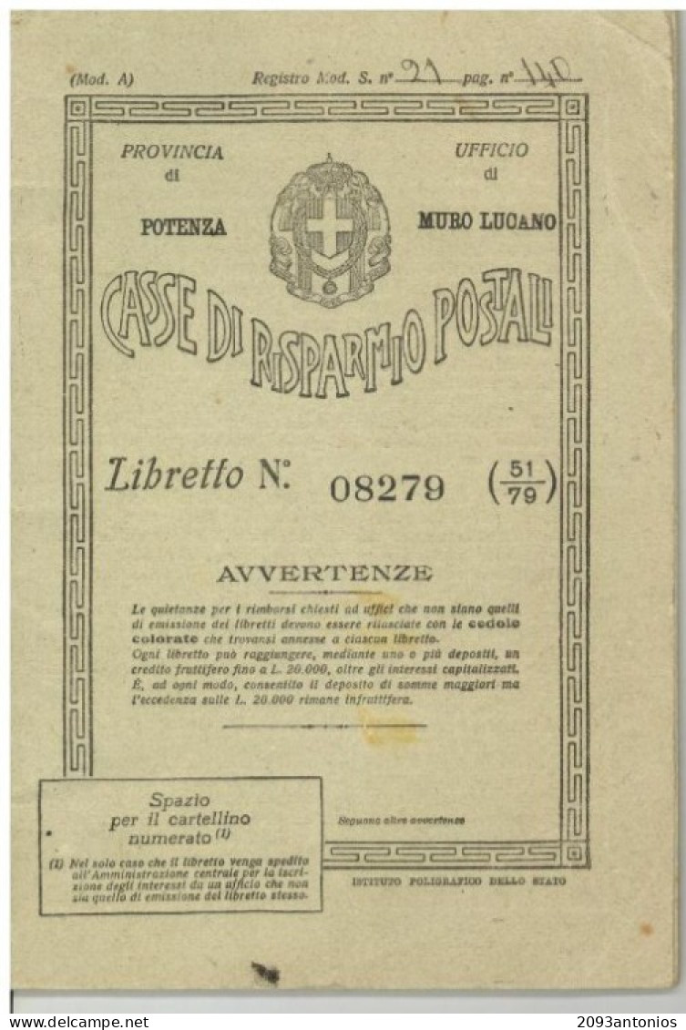 X1659) MURO LUCANO POTENZA CASSE RISPARMIO POSTALE LIBRETTO REGNO - Fiscali