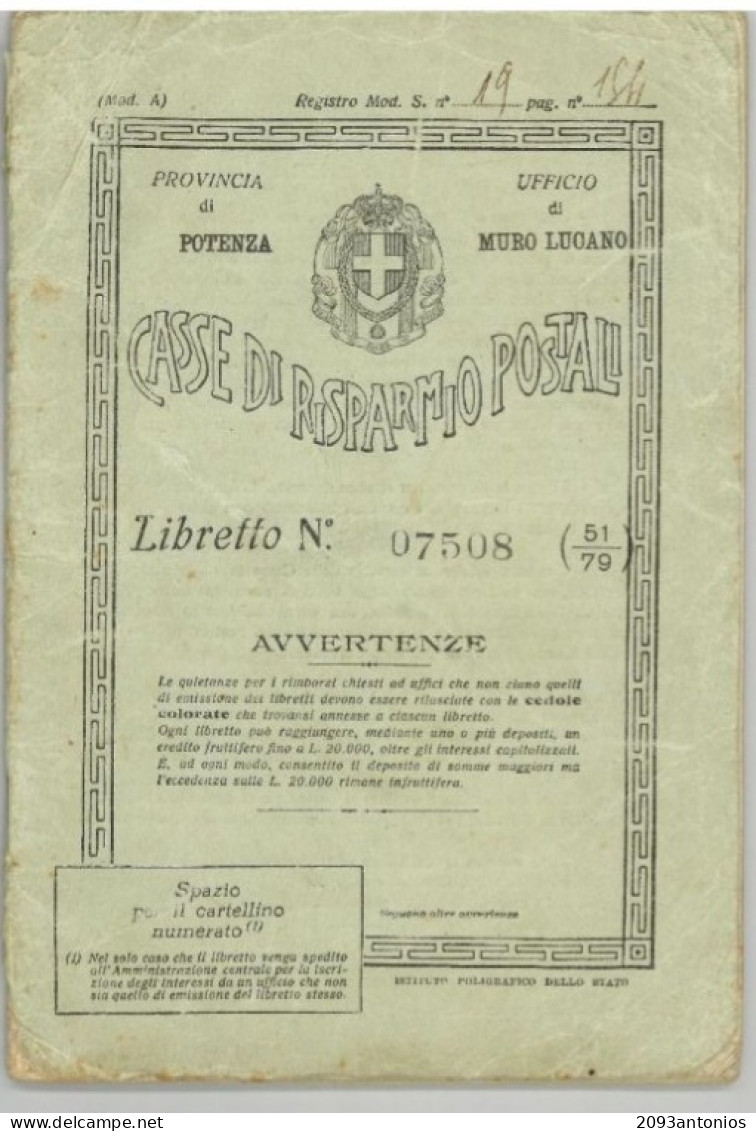 X1659) MURO LUCANO POTENZA CASSE RISPARMIO POSTALE LIBRETTO REGNO  (STRAPPO COPERTINA) - Fiscale Zegels