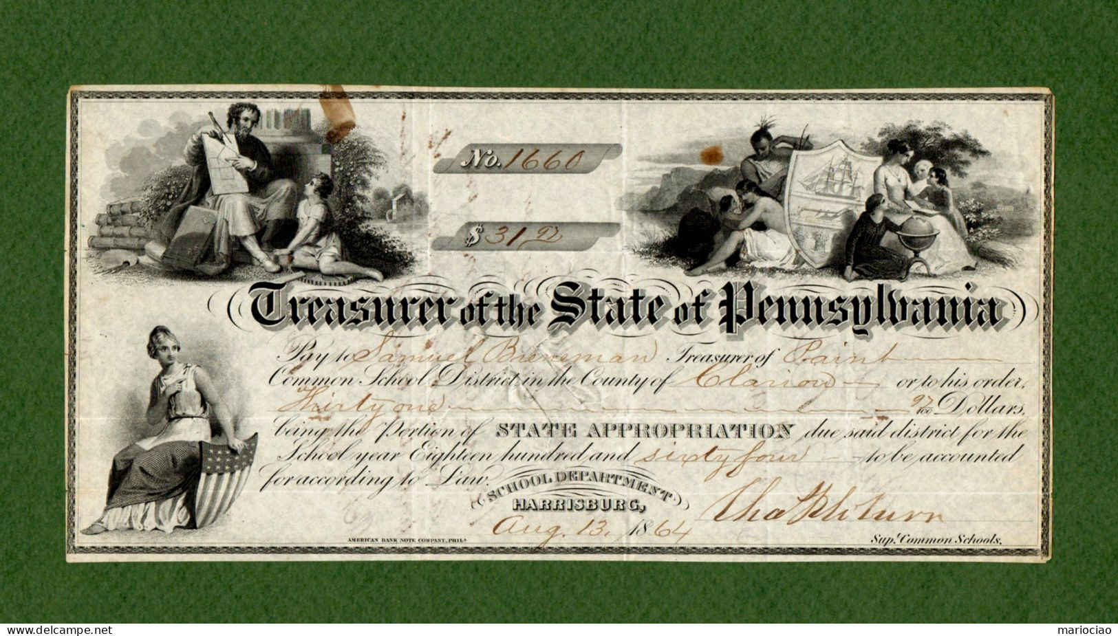 USA Check CIVIL WAR ERA Treasurer Of The State Of Pennsylvania Harrisburg 1864 - Confederate Currency (1861-1864)