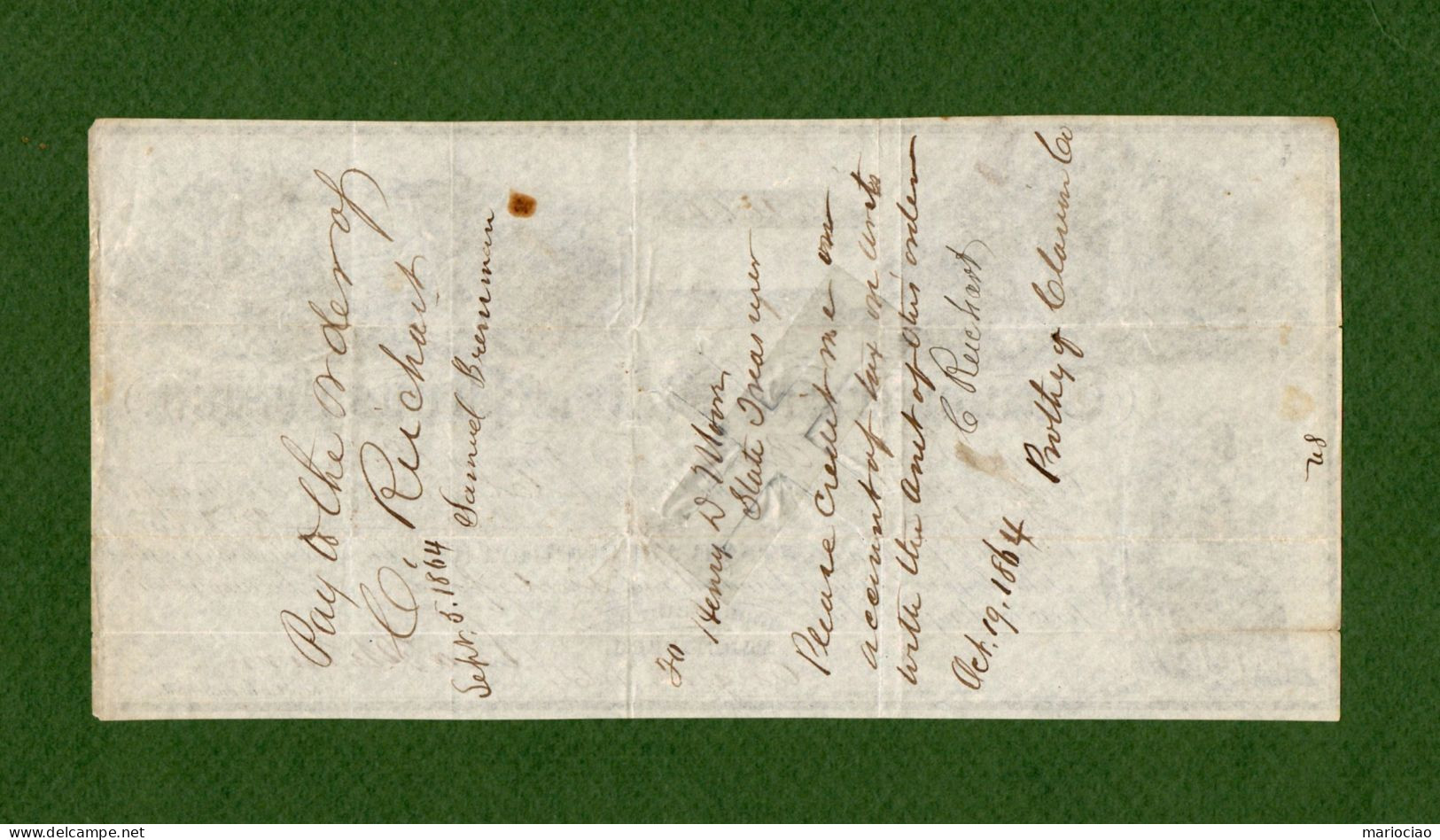 USA Check CIVIL WAR ERA Treasurer Of The State Of Pennsylvania Harrisburg 1864 - Devise De La Confédération (1861-1864)
