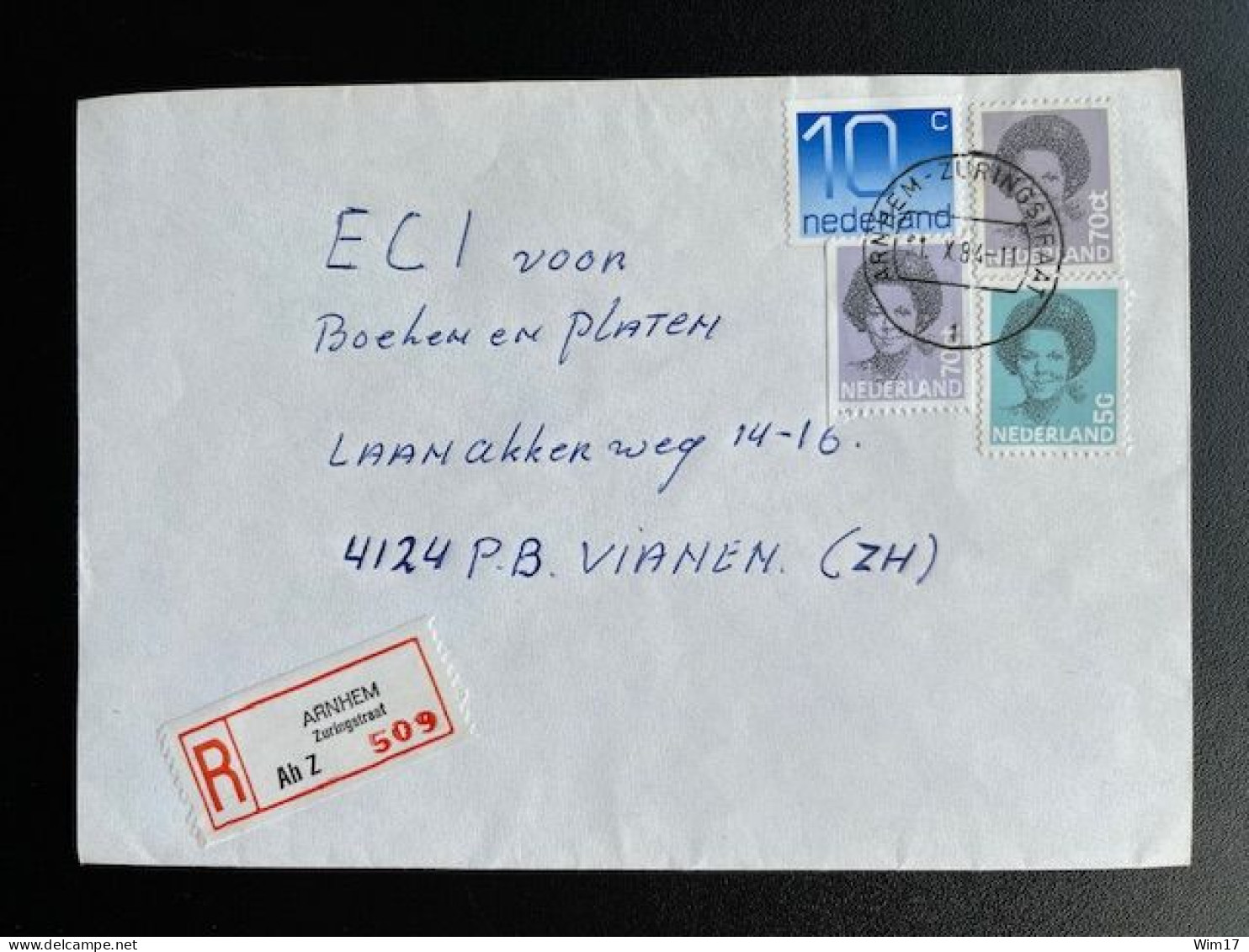 NETHERLANDS 1984 REGISTERED LETTER ARNHEM ZURINGSTRAAT TO VIANEN 31-10-1984 NEDERLAND AANGETEKEND - Briefe U. Dokumente