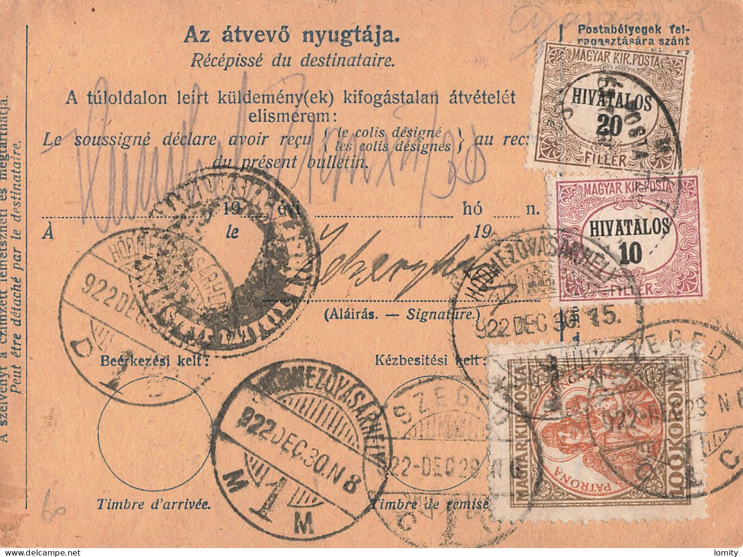 Hungary Hongrie Bulletin D' Expédition Entier Postal Stationery Ganzsache + Timbre Timbres De Service Cachet 1922 - Postwaardestukken