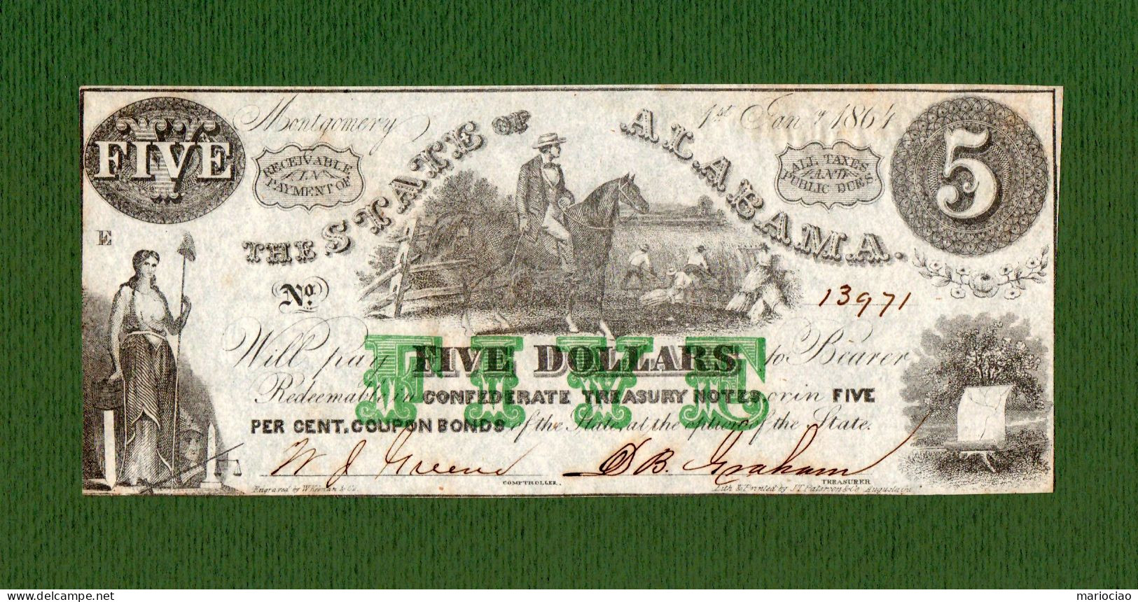 USA Note CIVIL WAR ERA The State Of Alabama 1864 $5 Redeemable In CONFEDERATE Treasury Notes SLAVES - Valuta Della Confederazione (1861-1864)
