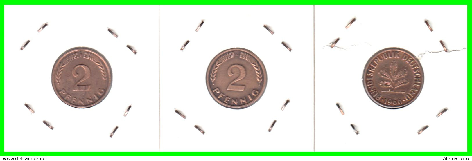 ALEMANIA – GERMANY - ( REPUBLICA FEDERAL ) 3 MONEDAS DE 2.- PFENNING . AÑO 1966  CECAS D-F-G.KM-106 - 2 Pfennig