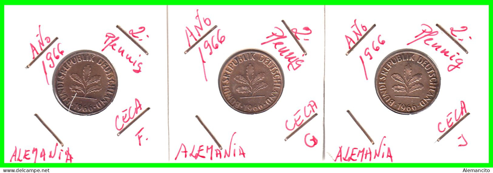 ALEMANIA – GERMANY - ( REPUBLICA FEDERAL ) 3 MONEDAS DE 2.- PFENNING . AÑO 1966  CECAS J-F-G.KM-106 - 2 Pfennig