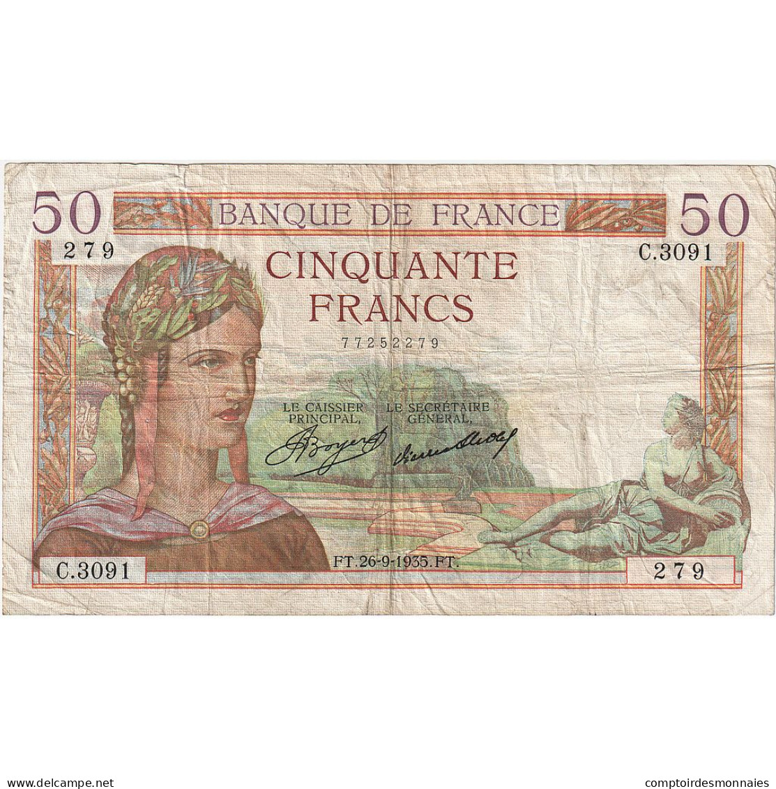 France, 50 Francs, Cérès, 1935, C.3091, TB, Fayette:17.17, KM:81 - 50 F 1934-1940 ''Cérès''