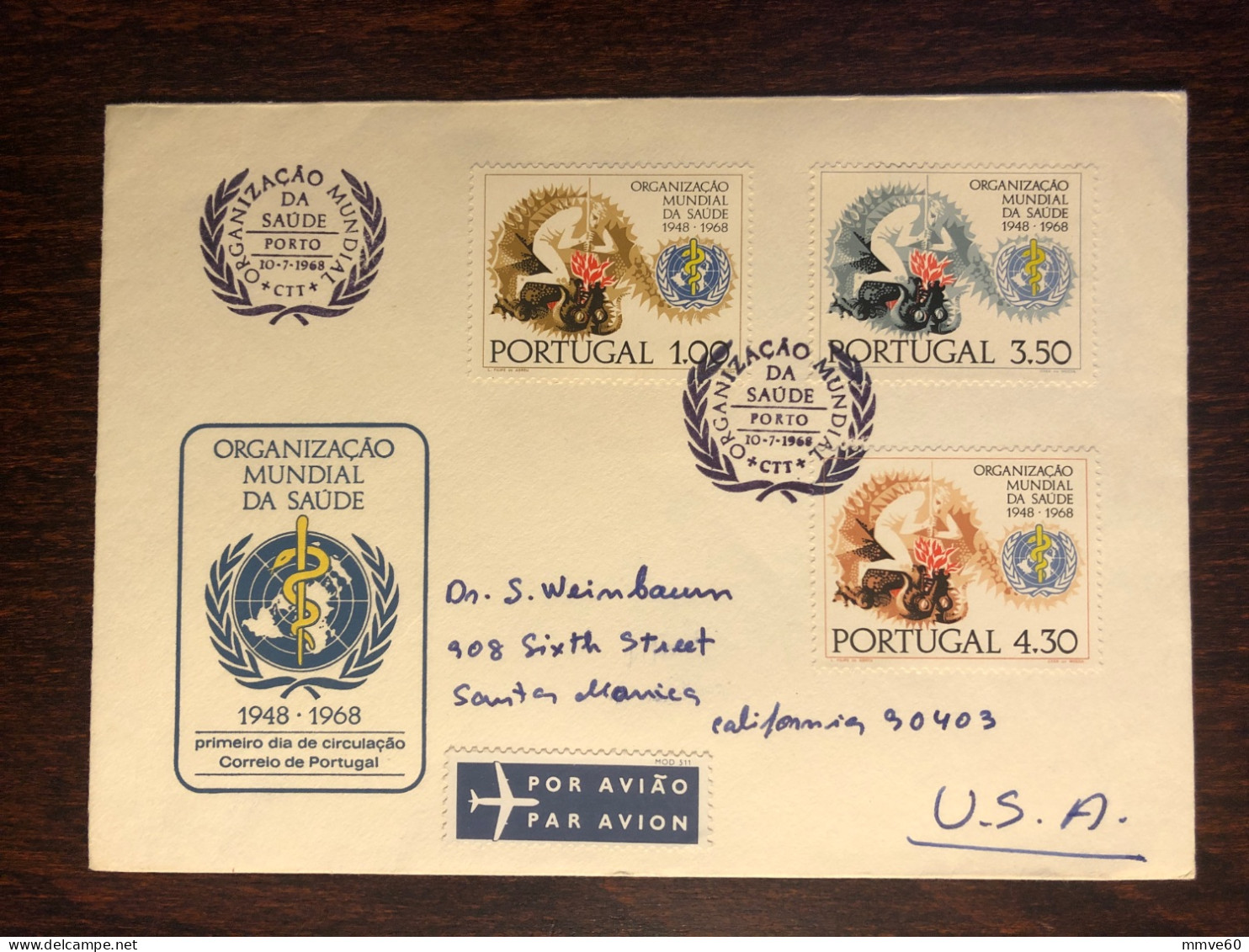 PORTUGAL FDC COVER 1968 YEAR WHO OMS HEALTH MEDICINE STAMPS - FDC