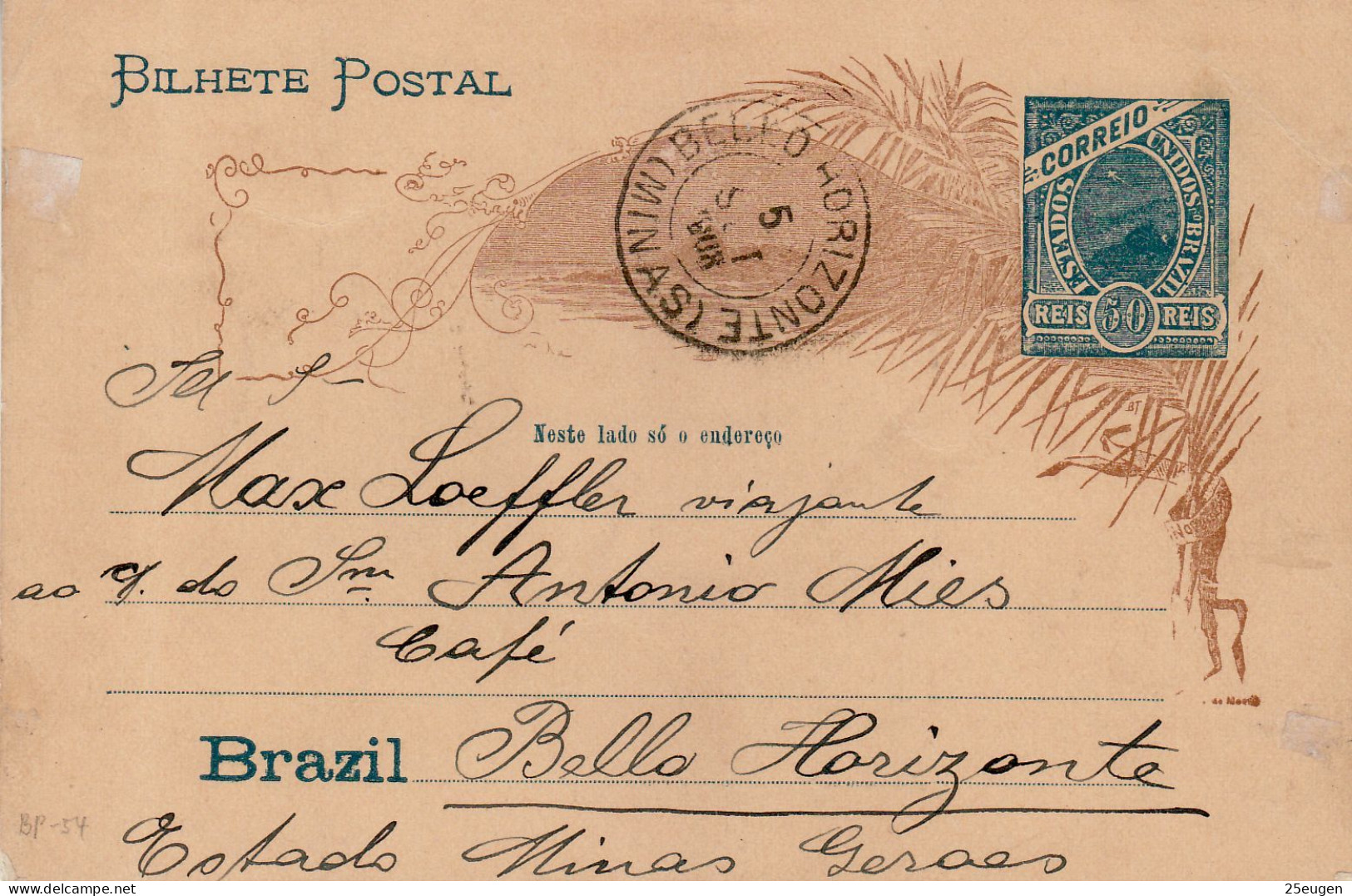 BRAZIL 1903 POSTCARD SENT FROM BELO HORIZONTE - Enteros Postales