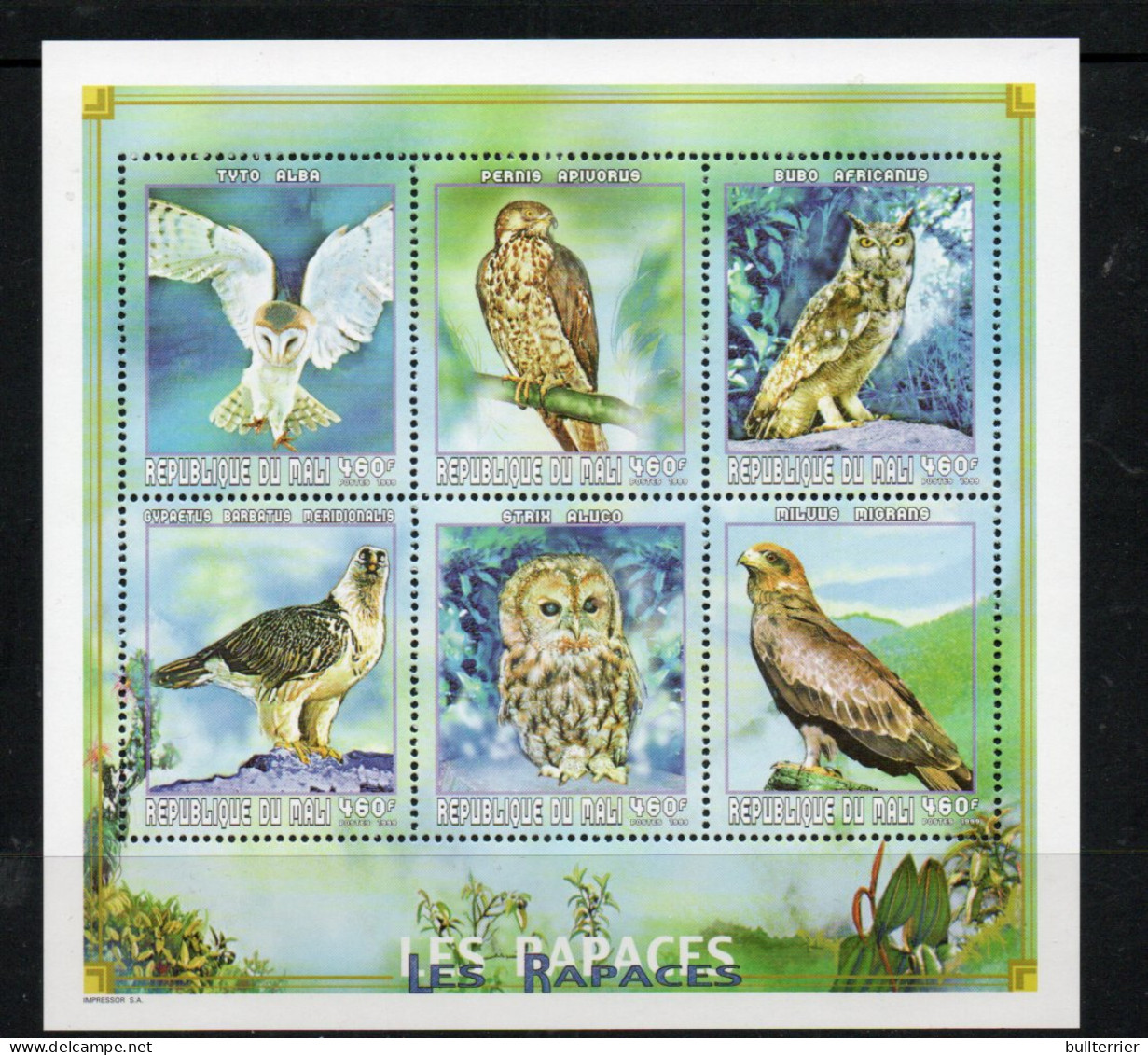 BIRDS - MALI -  1999 -BIRDS OF PREY  SHEETLET OF 6   MINT NEVER HINGED, - Columbiformes