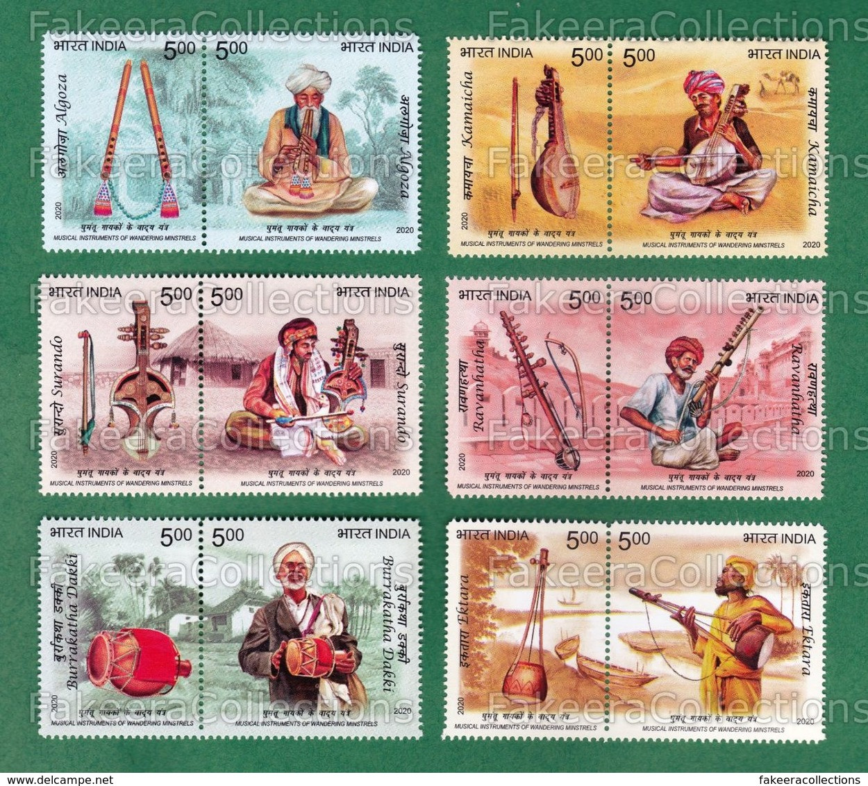 INDIA 2020 Inde Indien - MUSICAL INSTRUMENTS OF WANDERING MINSTRELS 12v Se-Tenant 6 Pair MNH ** - Music Culture Costumes - Unused Stamps