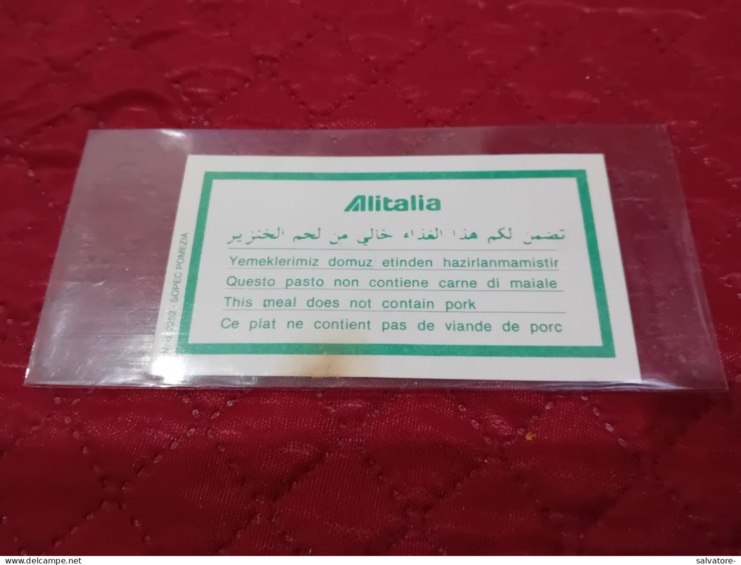 BIGLIETTO PUBBLICITARIO ALITALIA- PASTO NON CONTENENTE CARNE DI MAIALE - Menu Kaarten