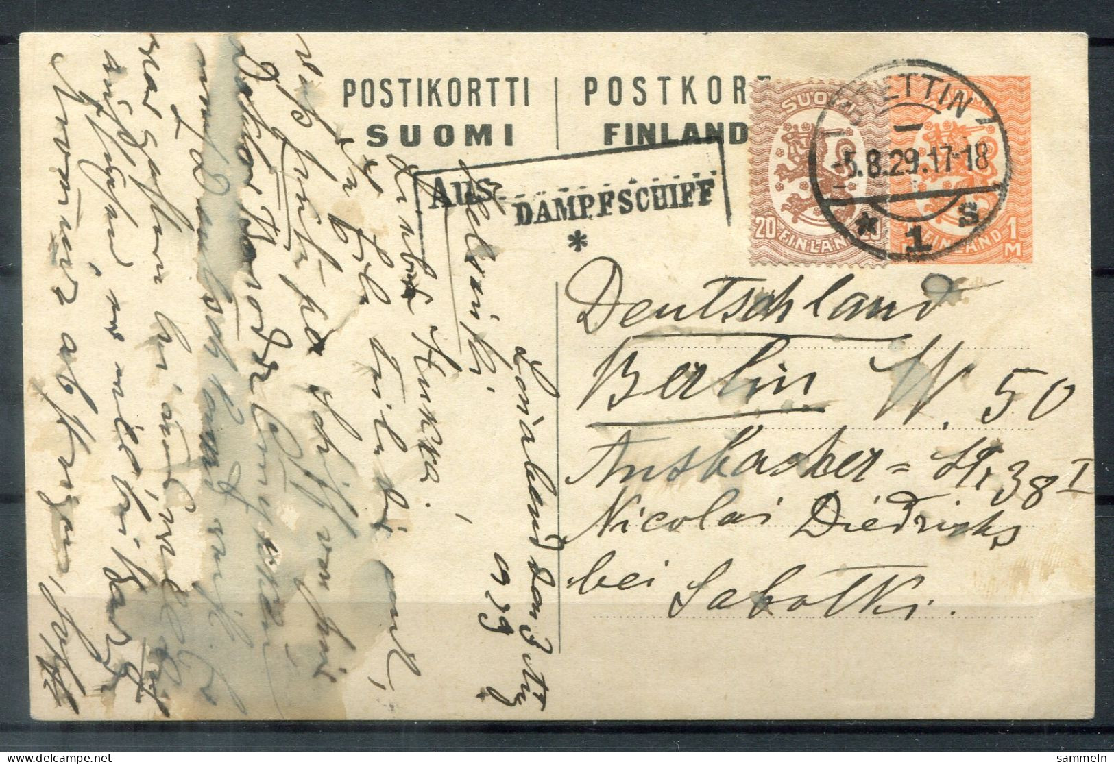 FINNLAND GA Mit Ra2 "Aus DAMPFSCHIFF"und Tagesstempel Stettin, Schiffspost, Paquebot, Navire, Ship Letter - FINLAND - Covers & Documents