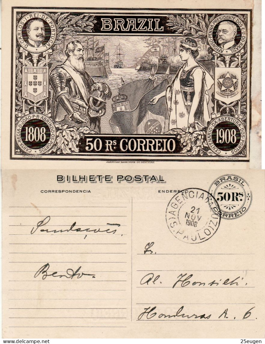 BRAZIL 1908 POSTCARD SENT FROM SAO PAULO - Entiers Postaux