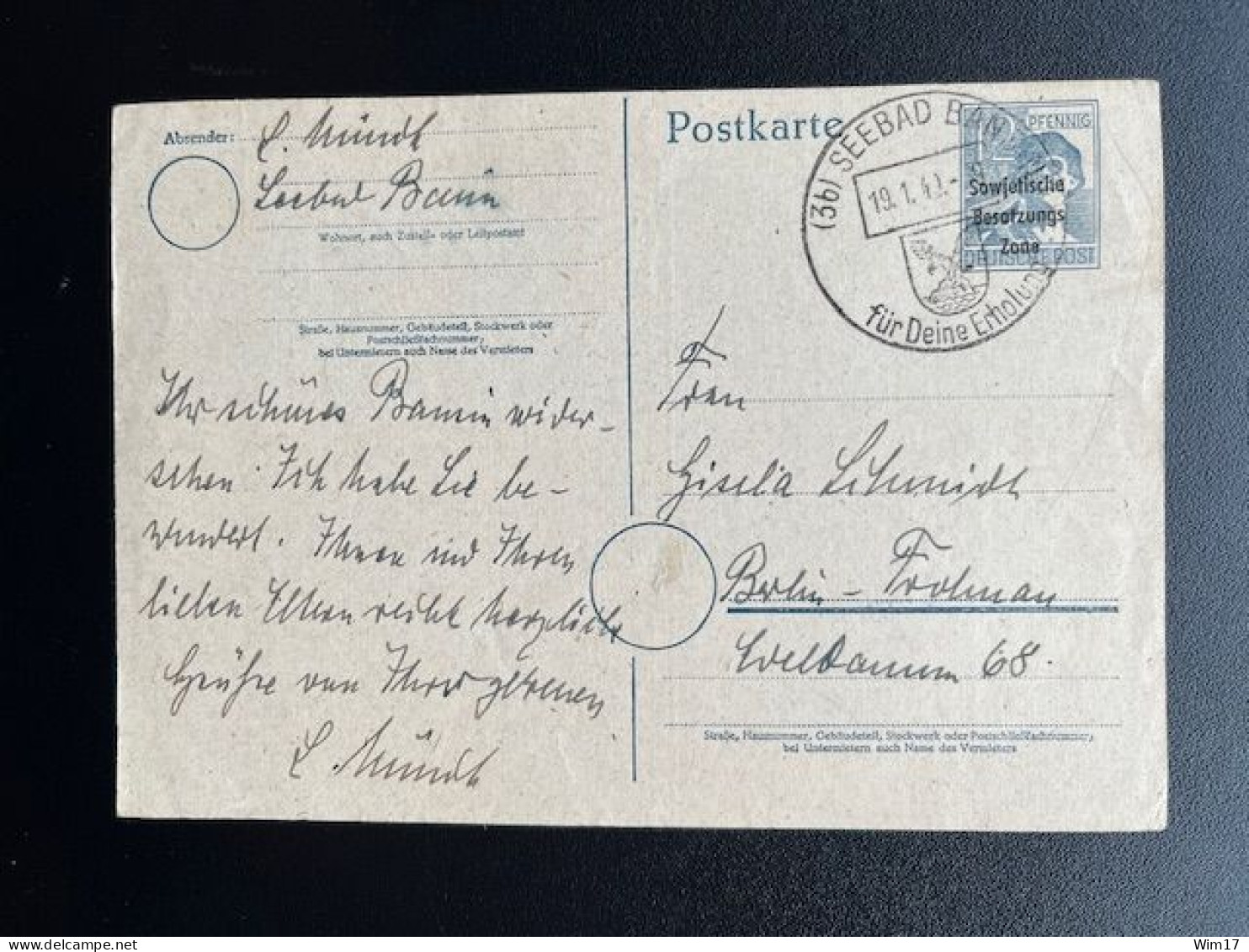 GERMANY 1949 POSTCARD SEEBAD BANSIN TO BERLIN 19-01-1949 DUITSLAND DEUTSCHLAND - Interi Postali