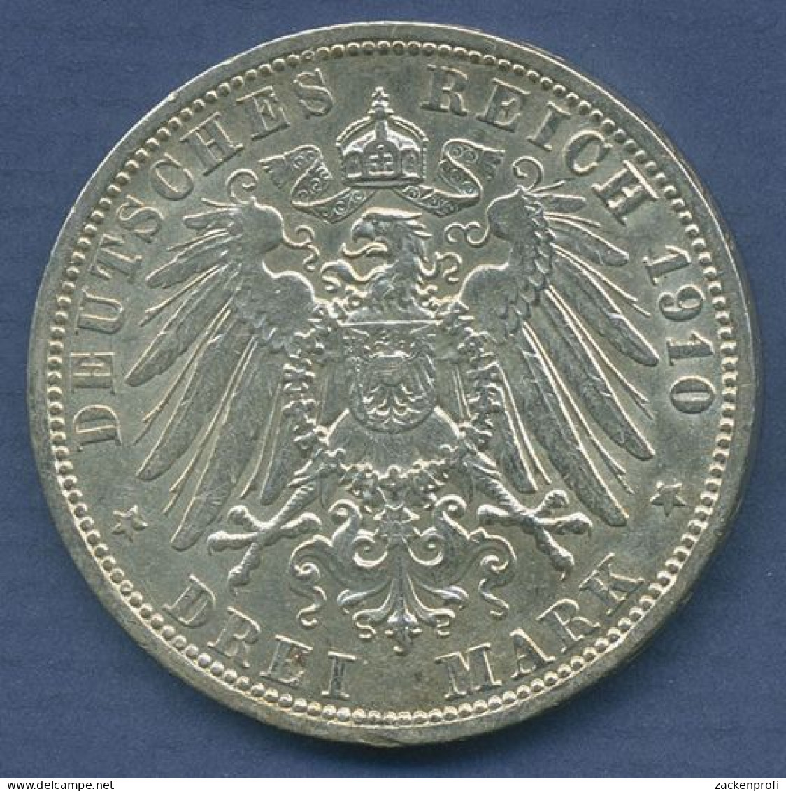 Preußen 3 Mark 1910 A, Kaiser Wilhelm II., J 103 Vz/st (m6107) - 2, 3 & 5 Mark Argento