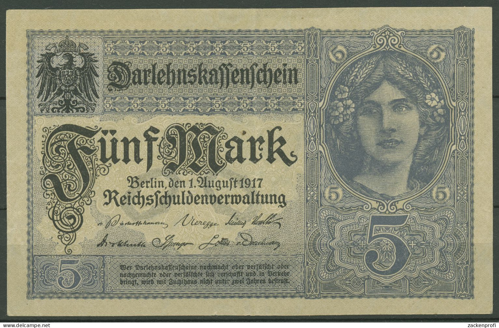 Dt. Reich 5 Mark 1917, DEU-61d, Leicht Gebraucht (K1468) - 5 Mark