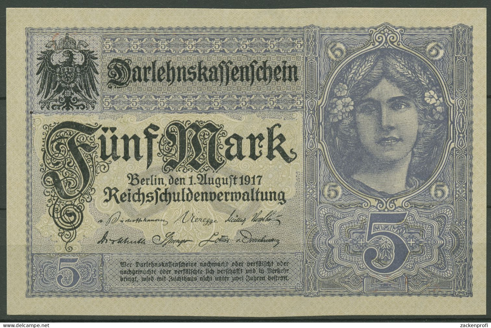 Dt. Reich 5 Mark 1917, DEU-61b Serie X, Fast Kassenfrisch (K1472) - 5 Mark