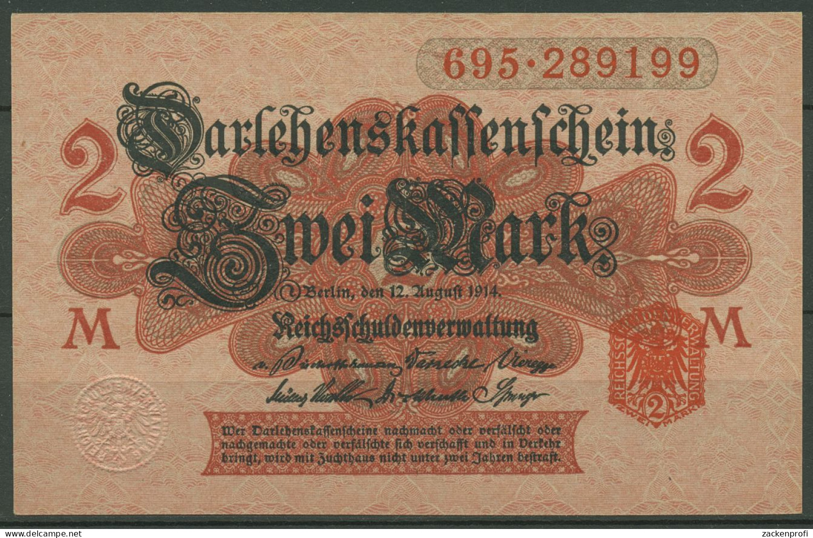 Dt. Reich 2 Mark 1914, DEU-60 Serie 695, Kassenfrisch (K1477) - Otros & Sin Clasificación