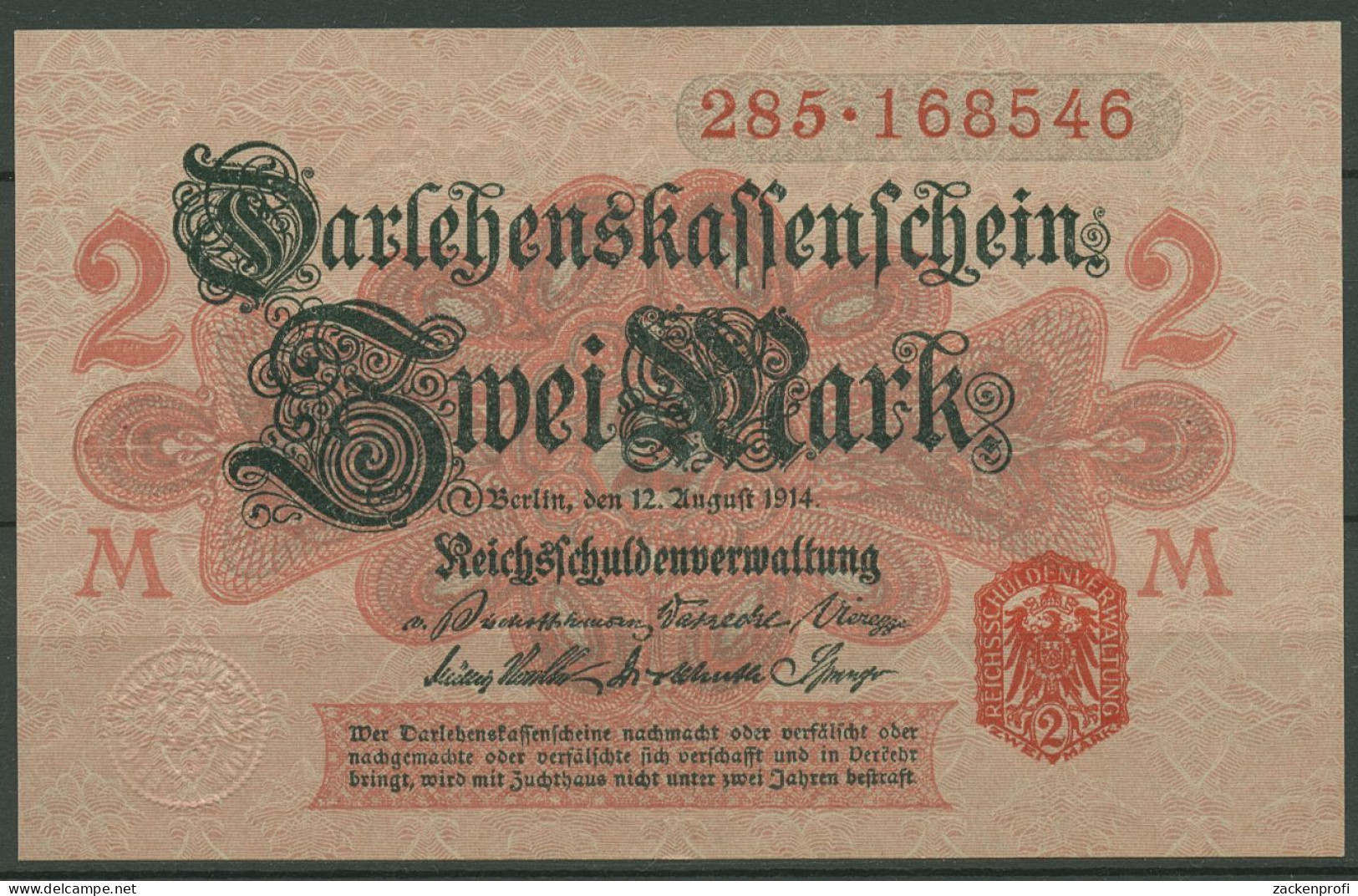 Dt. Reich 2 Mark 1914, DEU-60 Serie 285, Kassenfrisch (K1476) - Other & Unclassified