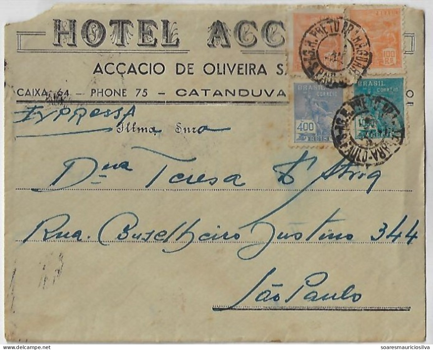 Brazil 1941 Accacio Hotel Express Cover From Catanduvas To São Paulo Railway Cancel Rio Preto X Araraquara 1,600 Réis - Covers & Documents