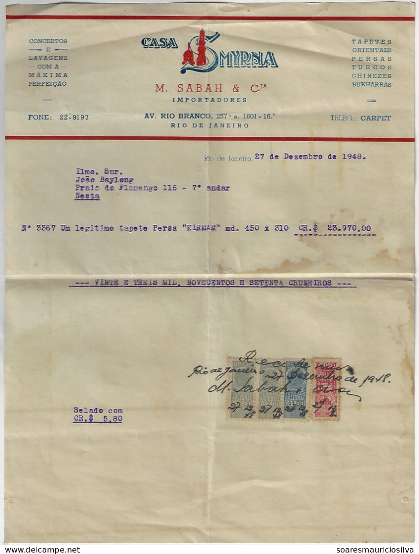 Brazil 1948 Casa Smyrna Invoice By M. Sabah & Cia Issued In Rio De Janeiro 4 National Treasury Tax Stamp - Lettres & Documents