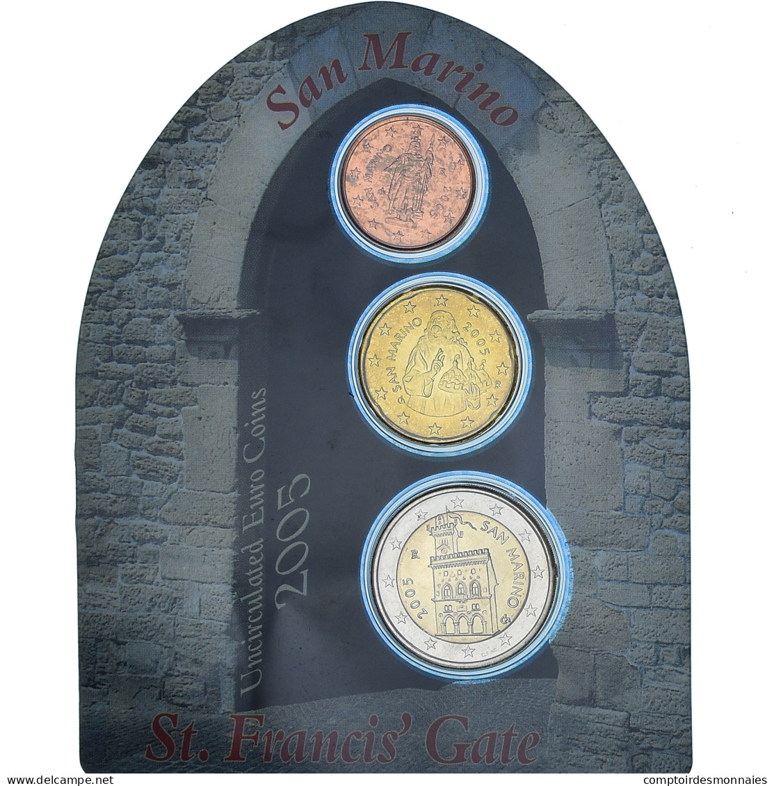 Saint Marin , Set 2cts, 20 Cts, 2 Euro, St. Francis' Gate, Coin Card, 2005 - San Marino