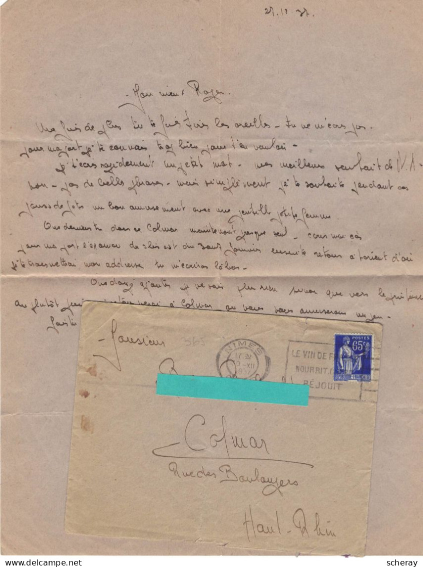 FAD NIMES 30 XII 1937 LE VIN DE FRANCE NOURRIT SUR YT 365 + COURRIER - Lettres & Documents
