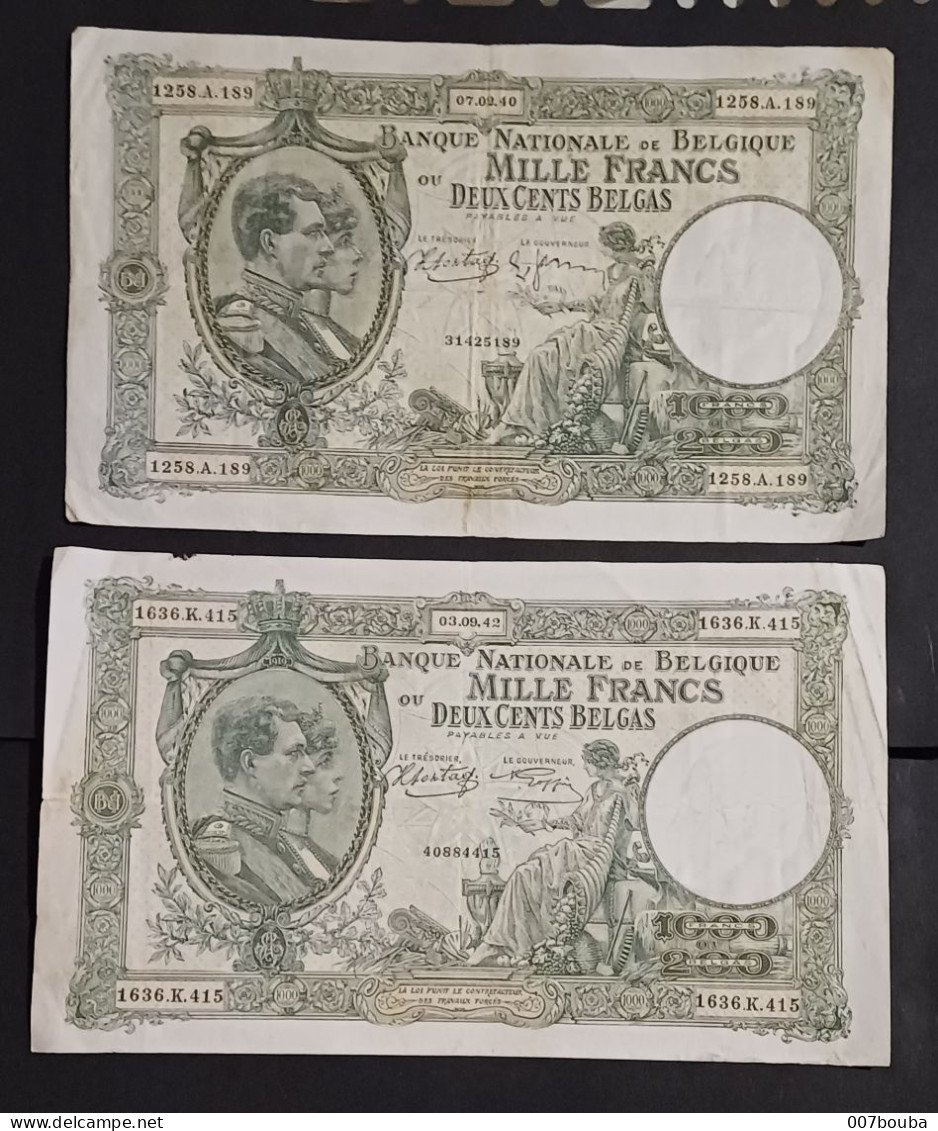 BELGIQUE / LOT DE 2 BILLETS DE 1000Fr /  1940 & 1942 - 1000 Francs & 1000 Francs-200 Belgas