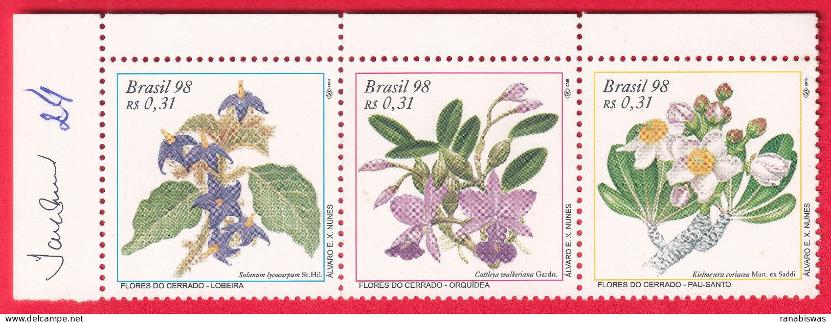 BRAZIL STAMPS 1998, SETENANT SRIP OF 3, ORCHID FLOWERS, MNH - Unused Stamps