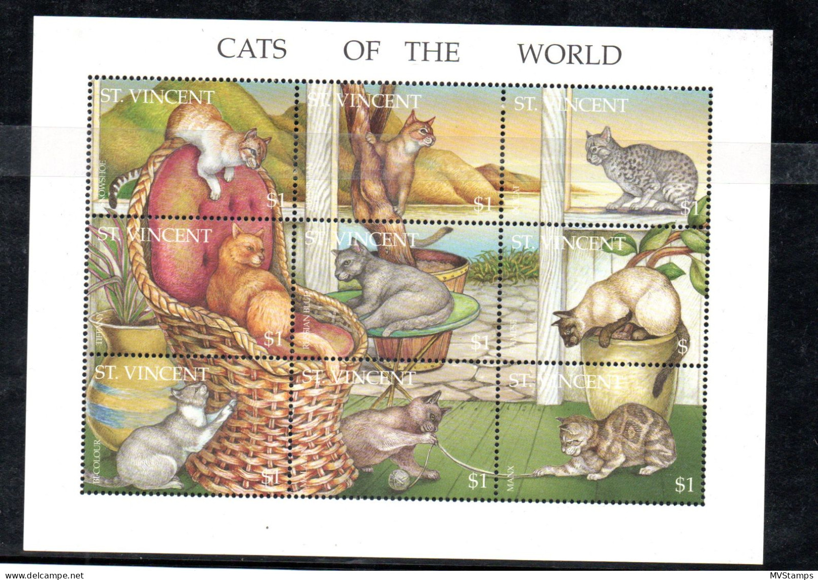 St Vincent 1995 Sheet Cats/Katzen Stamps (Michel 3063/71 Klb) Nice MNH - St.Vincent (1979-...)