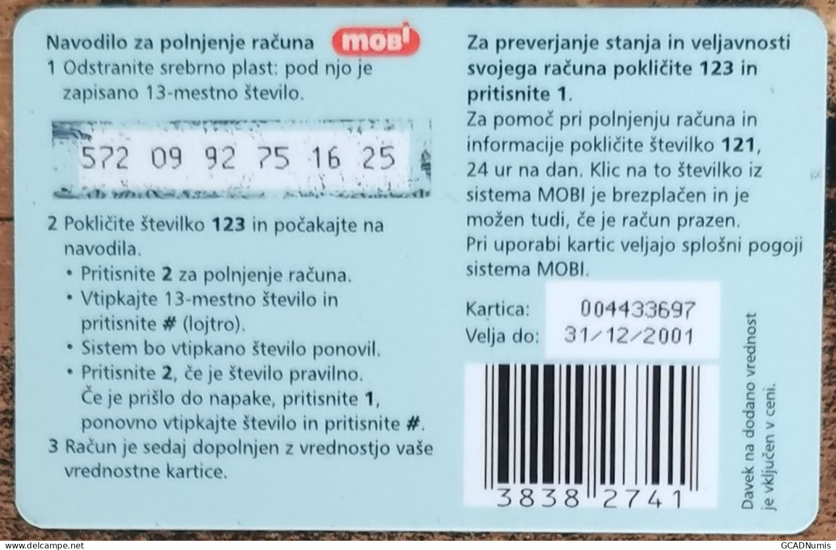 Carte De Recharge - Athene Noctua - Mobitel - Slovénie - 2500 SIT ~18 - Slovenia