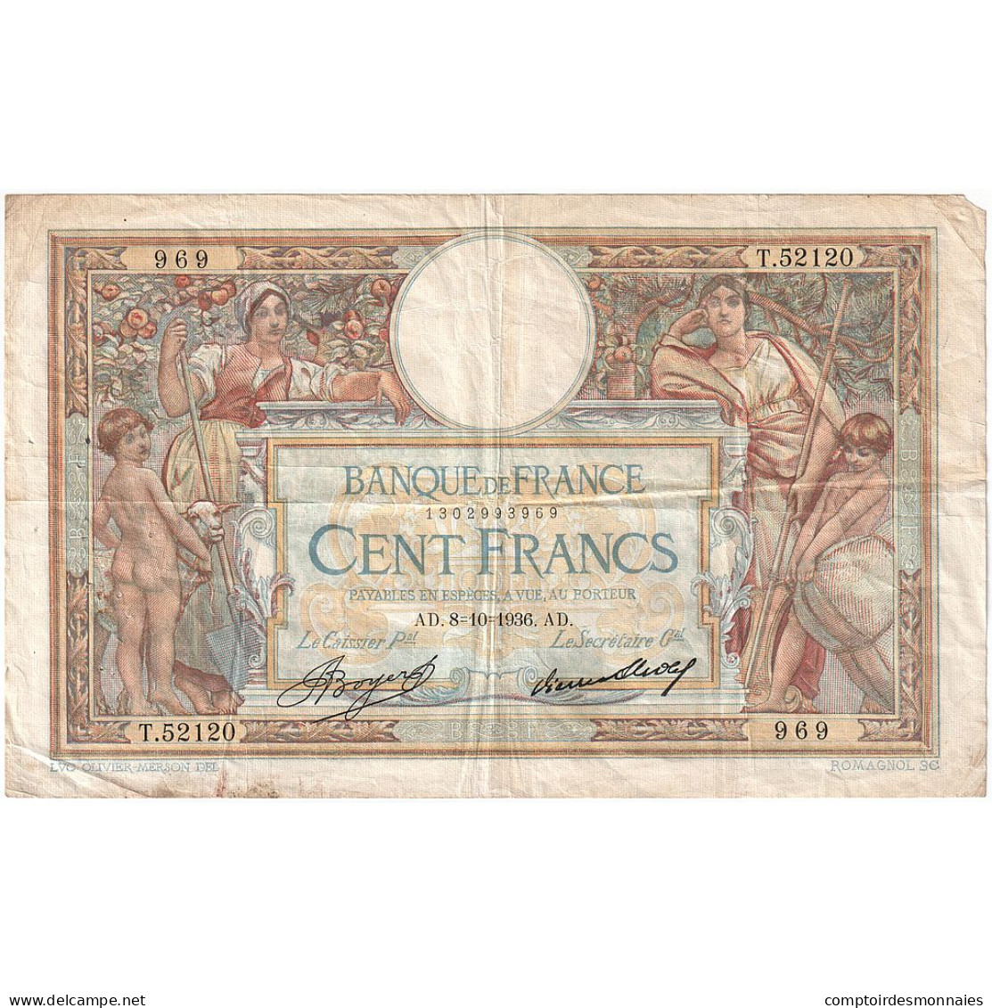 France, 100 Francs, Luc Olivier Merson, 1936, T.52120, TB, Fayette:24.15, KM:78c - 50 F 1927-1934 ''Luc Olivier Merson''