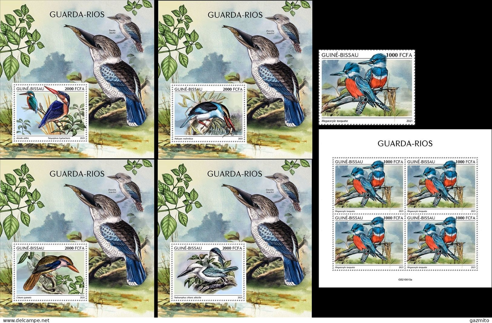 Guinea Bissau 2021, Animals, Kingfisher I, 1val +4val In BF+4BF - Zangvogels