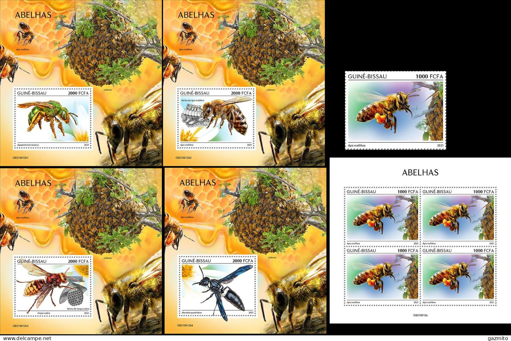 Guinea Bissau 2021, Animals, Bees 2, 1val +4val In BF+4BF - Honeybees