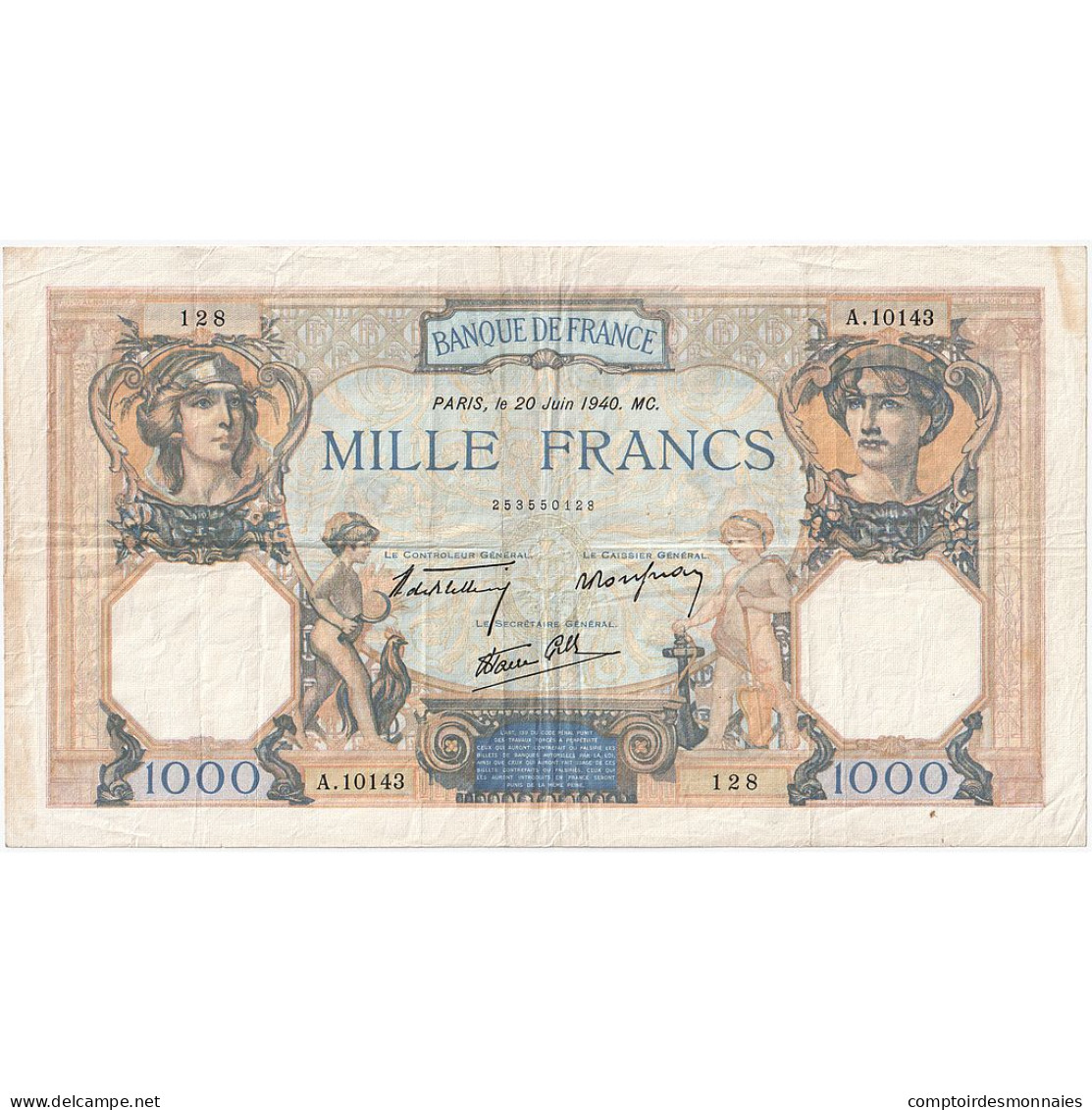 France, 1000 Francs, Cérès Et Mercure, 1940-06-20, A.10143, TTB - 1 000 F 1927-1940 ''Cérès Et Mercure''